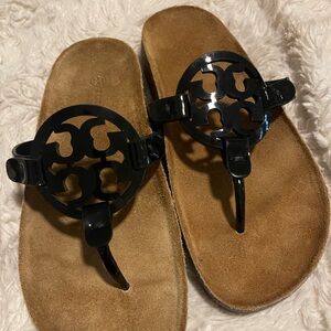 Tory Burch Black and Tan Logo Sandals